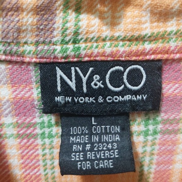 NY & Co Womens Plaid Button-Down Shirt Large 100% Cotton Peach/Pink/Green - Picture 4 of 12